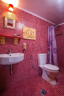 a red tiled bathroom with a toilet and a sink at Al 583 di Lindos in Líndos