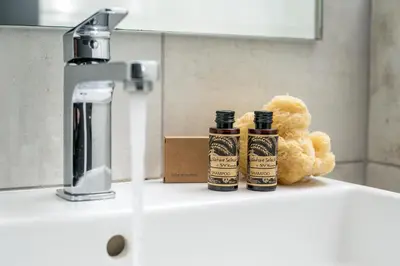 a teddy bear sitting on a counter next to a sink at Ixia del sol Apartment in Ixia