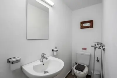 a bathroom with a sink and a toilet and a mirror at Lemonitissa Villa in Symi
