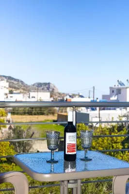 a bottle of wine sitting on a table with two glasses at Gaia Rooms in Vrachonisída touArchangélou