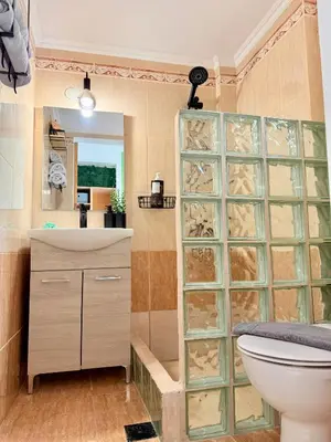 a bathroom with a toilet and a sink at Marine's apartments in Symi