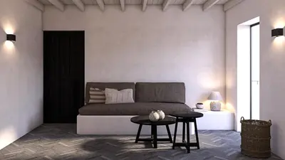 a living room with a couch and a table at Abella Suites Embonas in Émbonas