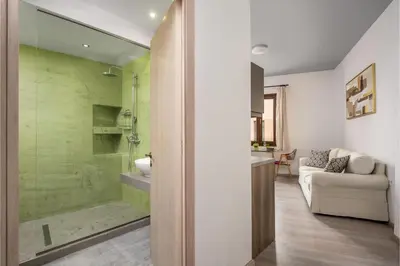 a bathroom with a shower and a sink and a couch at Mulberry Apartments in Rhodes Town
