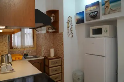 a kitchen with a white refrigerator and a sink at Antoni's Symi Home in Symi