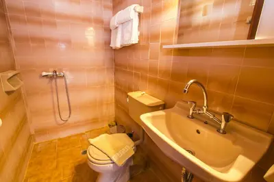 a bathroom with a toilet and a sink and a shower at Symi Center Hotel in Symi
