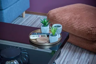 a table with two plants on it next to a couch at mandala central apartment in Rhodes Town