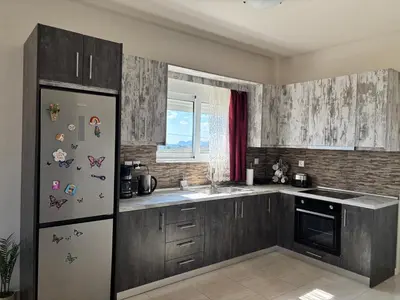 a kitchen with a refrigerator and a sink at Erato Sea View Villa in Koskinou