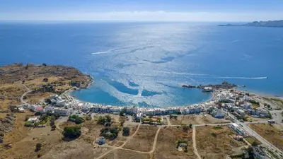 an aerial view of an island in the ocean at M&B Luxury Suites Charaki in Haraki