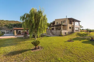 a house on a hill with a tree in the yard at Villa Russelia in Kalavárda