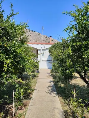 a sidewalk with trees on the side of a building at Kolymbia home in Kolimbia