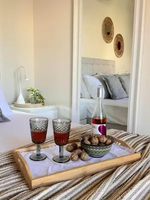 a tray with two glasses of wine and a bowl of nuts at Rodosia Apartment IN Rhodes in Rhodes Town