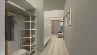 a walk in closet with white shelves in a room at Cyprotel Faliraki in Faliraki