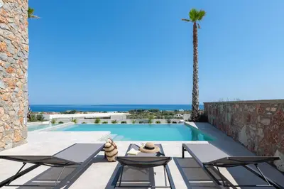 a villa with a pool and a palm tree at Luxurious Villa with sea views in Gennadi Rhodes in Gennadi