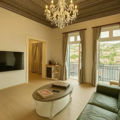 a living room with a couch and a table at 
