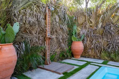 a garden with a fence with two plants and a ladder at Eros Elysium Retreat Villas in Kalavárda