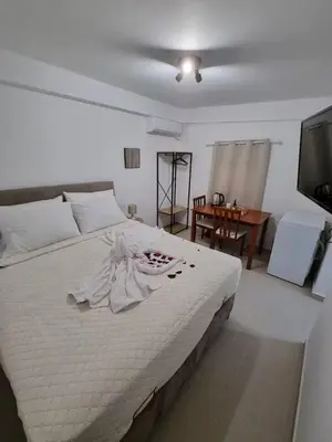 a bedroom with a large white bed and a television at The Garden House in Paradisi in Paradeísion