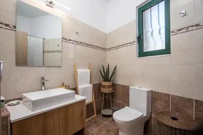 a bathroom with a toilet and a sink and a mirror at Lythari Summer Villa in Afantou