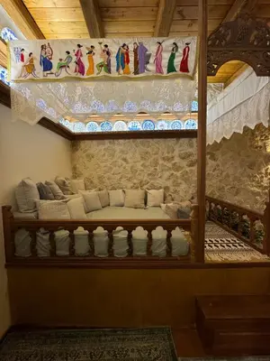 a bedroom with a bunk bed with a ceiling at Aetheria Traditional House 2 in Koskinou