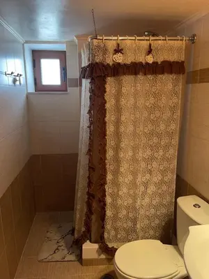 a bathroom with a shower curtain and a toilet at Kamara Cottage - Traditional Stone House in Malona Village