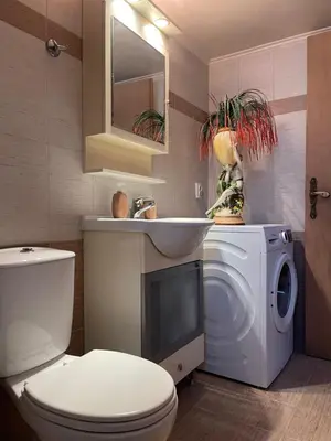 a bathroom with a toilet a sink and a washing machine at Kamara Cottage - Traditional Stone House in Malona Village