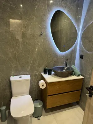 a bathroom with a sink and a toilet and a mirror at Meraki Apartment in Kremasti
