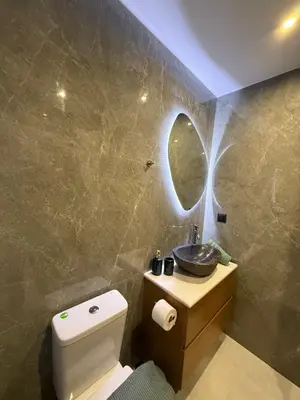 a bathroom with a sink and a toilet and a mirror at Meraki Apartment in Kremasti