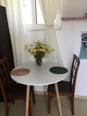 a white table with a vase of flowers on it at Laertis Studio in Kattavía