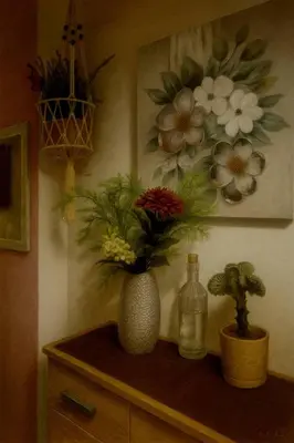 a table with two vases and a painting of flowers at Bersimi Lazaridis in Rhodes Town