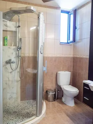 a bathroom with a shower and a toilet at Village View Afandou in Afantou