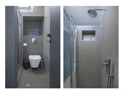two pictures of a bathroom with a shower and a toilet at Sokrates Residence in Afantou