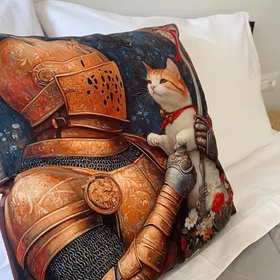 an orange and white cat sitting on top of a pillow at SEAL of Knight - Castle View - Downtown near the Beach in Rhodes Town