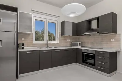 a kitchen with dark brown cabinets and a refrigerator at Villa Petalutha Rhodes in Kolimbia