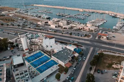 an aerial view of a harbor with boats in the water at Rhodes Marina Apartment in Rhodes Town