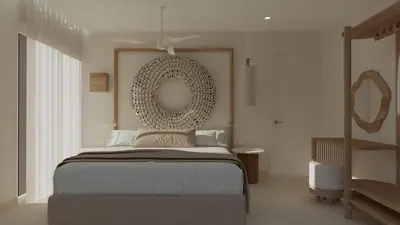 a bedroom with a bed with a mirror on the wall at Centro Blu Luxury Apartment in Rhodes Town