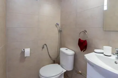a bathroom with a toilet and a sink at Finieli's Rustico in Malona Village