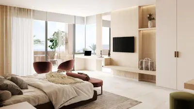 a bedroom with a bed and a living room at Cento Palme in Rhodes Town