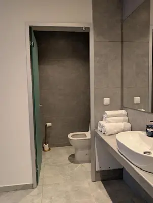 a bathroom with a white toilet and a sink at Nirea Studio II in Faliraki