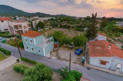 an aerial view of a small town with houses at Private House, Peaceful Stylish Retreat Near Ialisos Beach, up to 5 Guests in Ialyssos