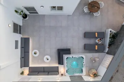 an overhead view of a living room with a couch at Chrispa Villa in Afantou