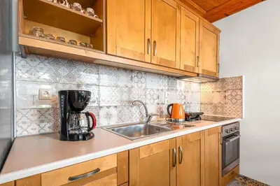 a kitchen with wooden cabinets and a sink at Matina's House in Halki