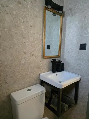 a bathroom with a toilet and a sink and a mirror at The cozy nest in Rhodes in Rhodes Town