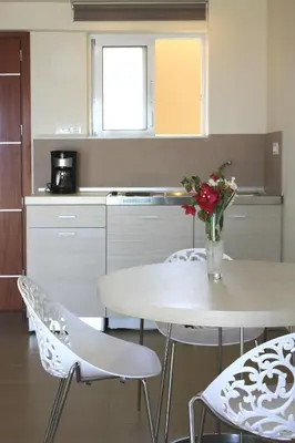 a kitchen with a table and chairs with a vase of flowers at Sea Melody Beach Hotel Apartments in Ialyssos