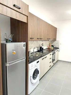 a kitchen with a washing machine and a sink at Vasilias House in Apóllona