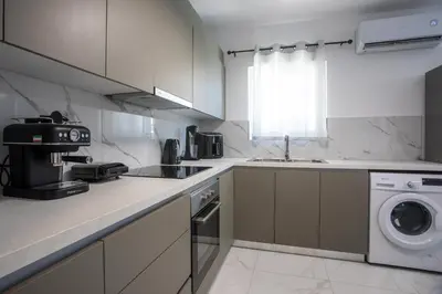 a kitchen with a sink and a washing machine at Aelia House in Kalithies