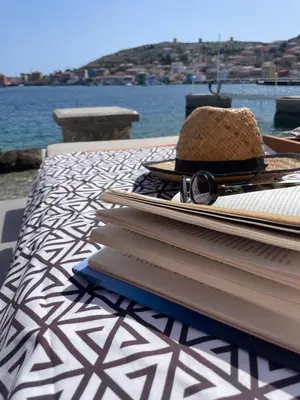 a table with books and a straw hat and glasses at NUMĒNIA Seafront Property in Halki