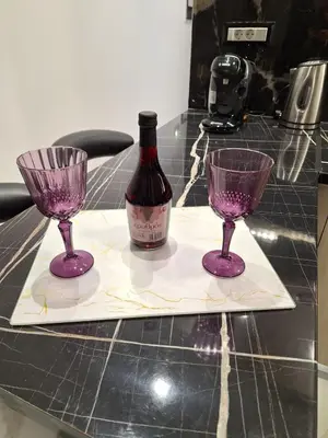 a bottle of wine and two wine glasses on a counter at EFReMIAS PLACE in Rhodes Town