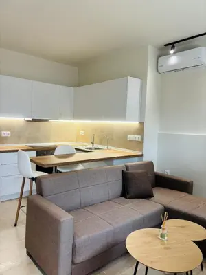 a living room with a couch and a kitchen at Sofi's place in Ixia