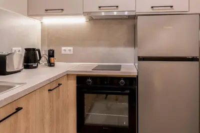 a kitchen with a stove and a refrigerator at Eviona Althea in Rhodes Town