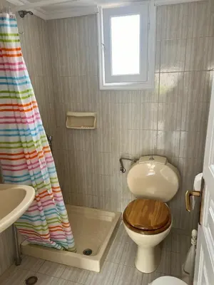 a bathroom with a toilet and a shower curtain at Villa Dimosthenis in Symi