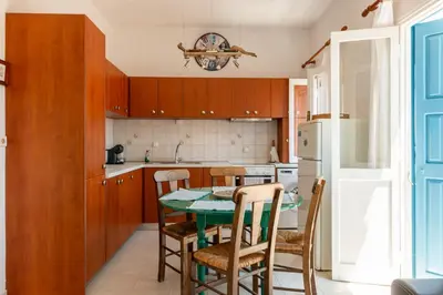 a kitchen with a table and chairs and a refrigerator at Villa Dimosthenis in Symi